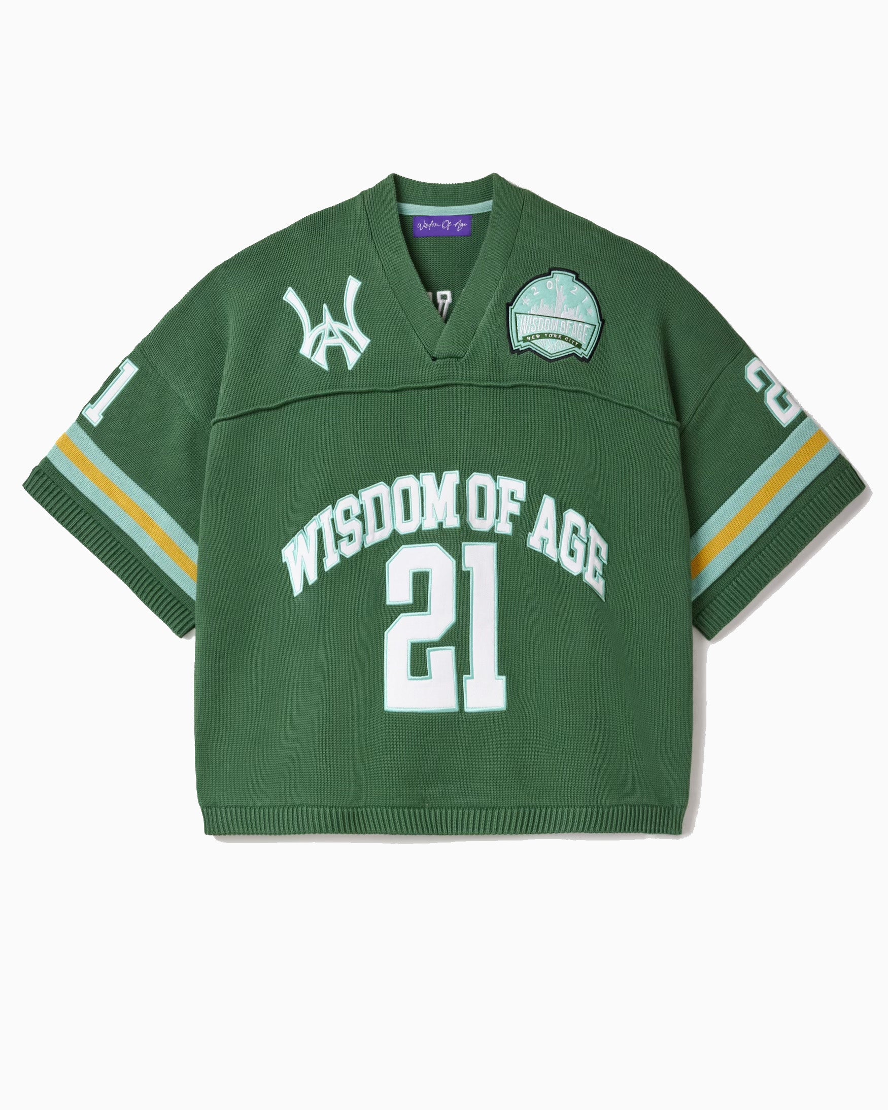Sage Green Football jersey with 'Wisdom of Age' and number '21' on a white background