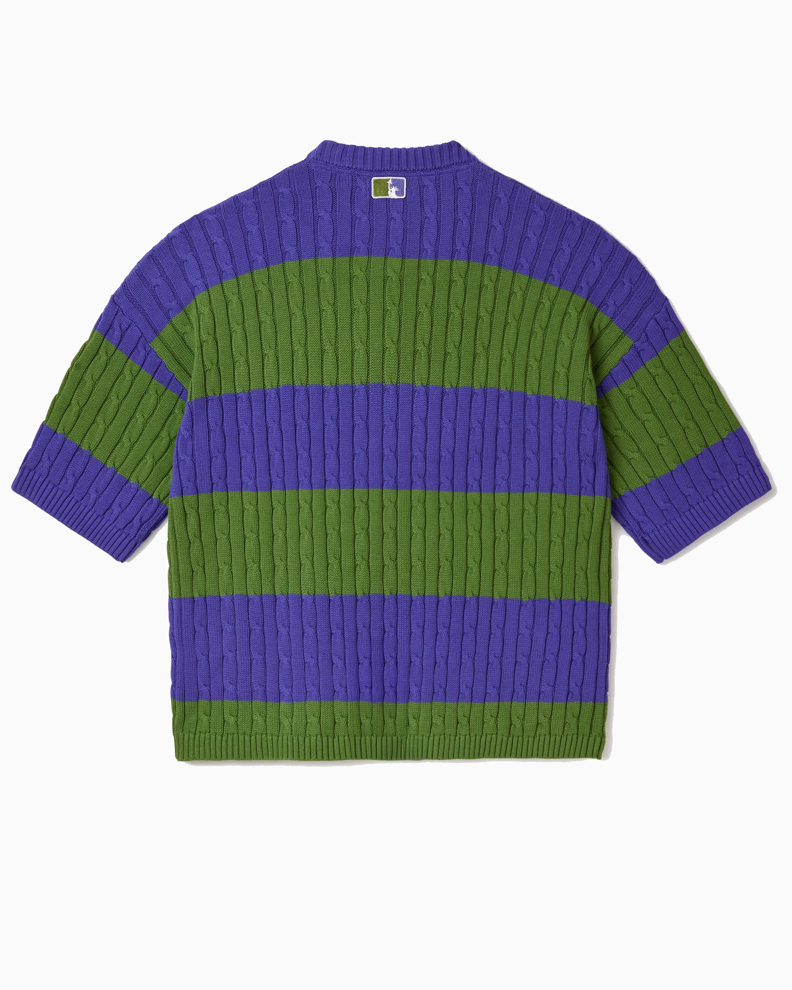 Green and purple striped cable knit t-shirt on a white background