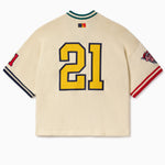Wisdom Of Age cream baseball jersey with number 21 in yellow on a white background