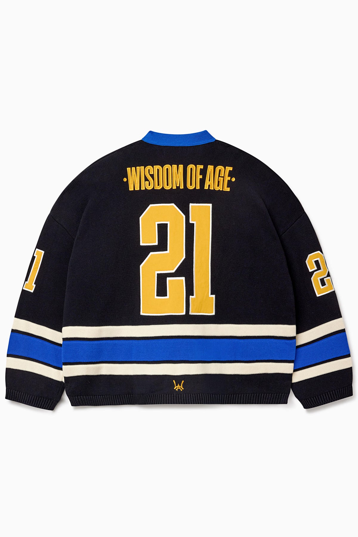 Rear view of the Wisdom Of Age Knit Hockey jersey Navy. Wisdom Of Age on the name plate with the number 21 in yellow underneath