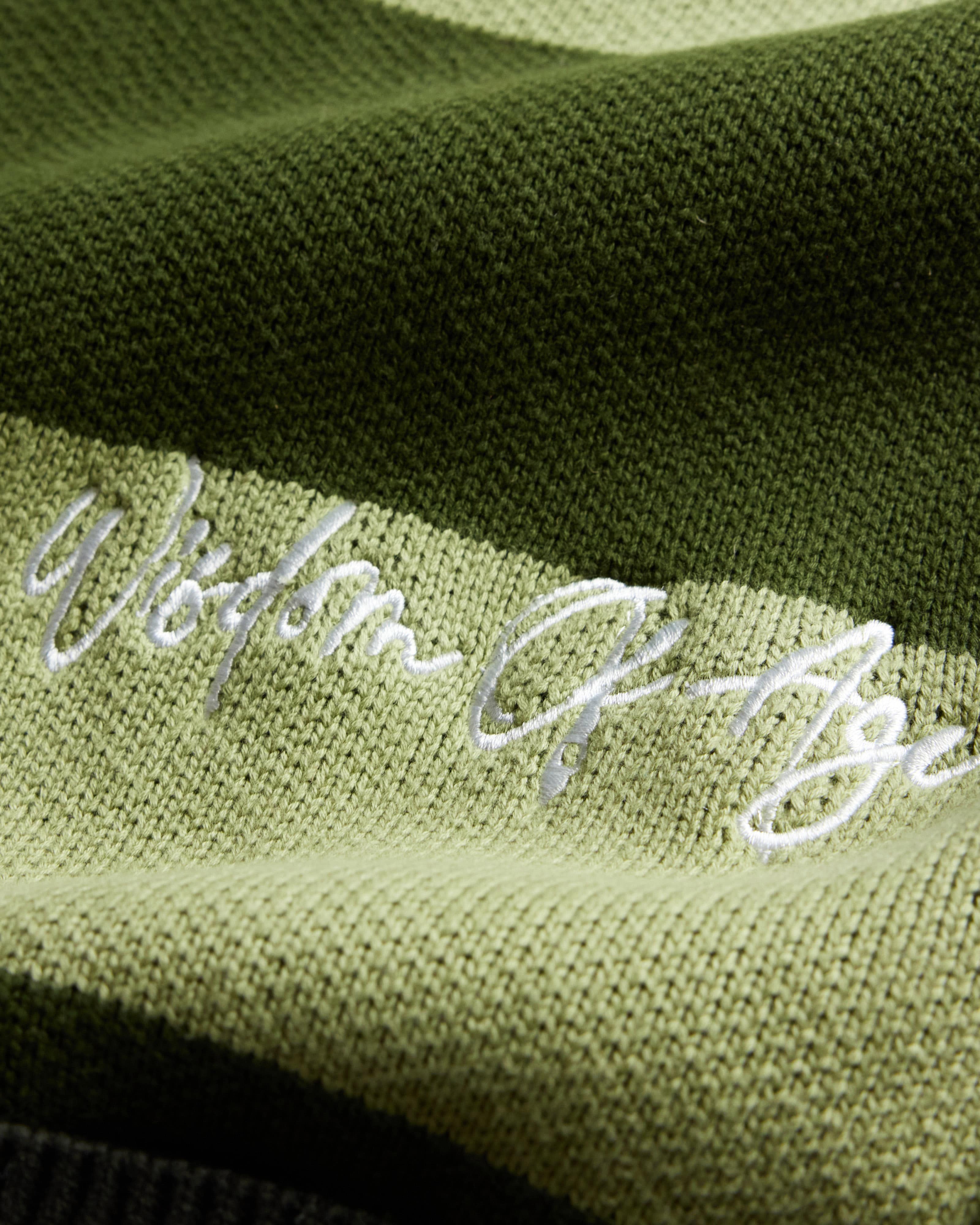 Wisdom of age 2024 olive green striped cardigan front script logo
