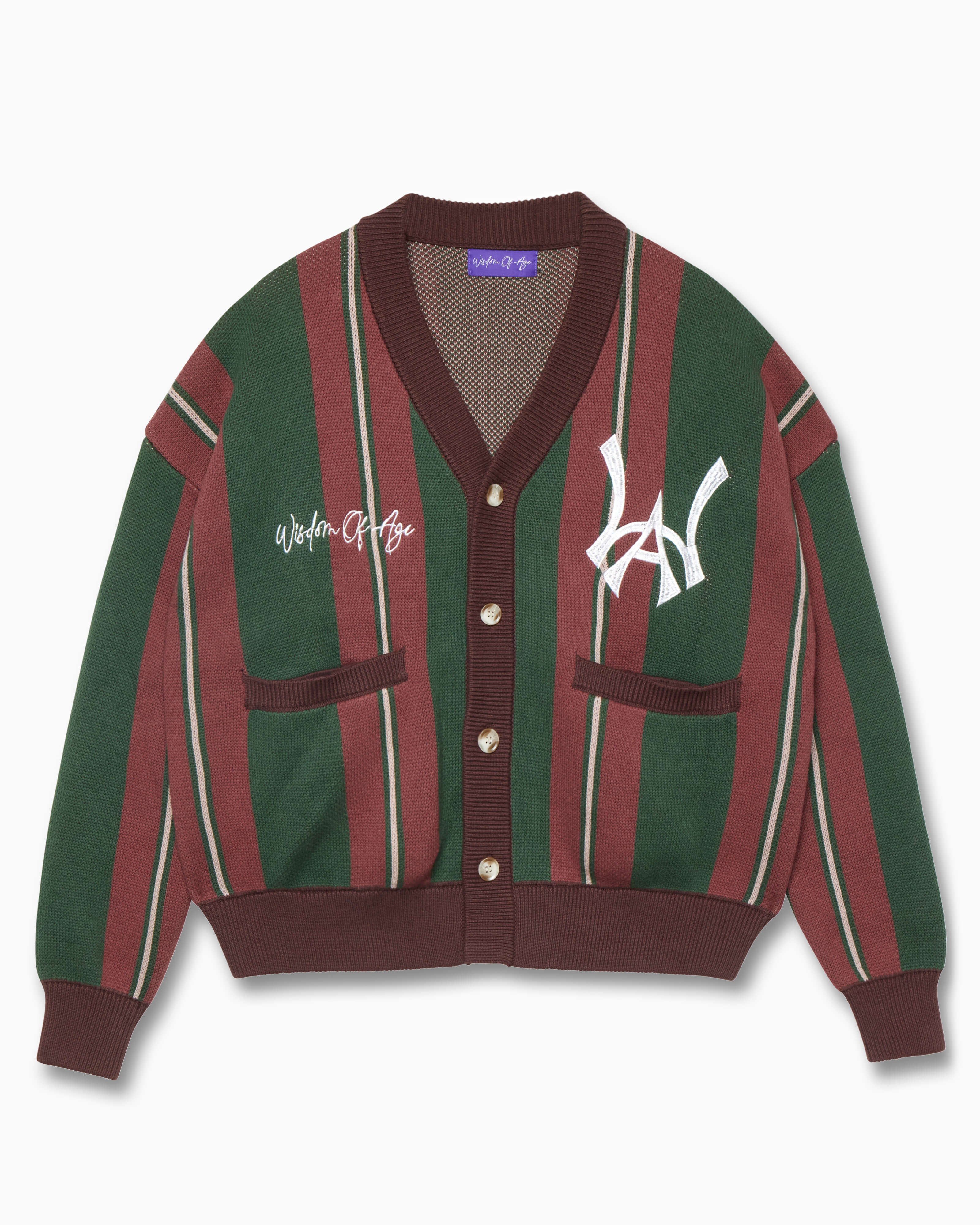 Wisdom of Age Beef & Broccoli Striped City Cardigan. Color blend of evergreen forest and bordeaux wine with the WOA symbol on the left chest and the brand name “Wisdom of Age” written in script cursive on the right chest. Two drop-in slip pockets on both sides and a 4 button placket with a v-neck drop.