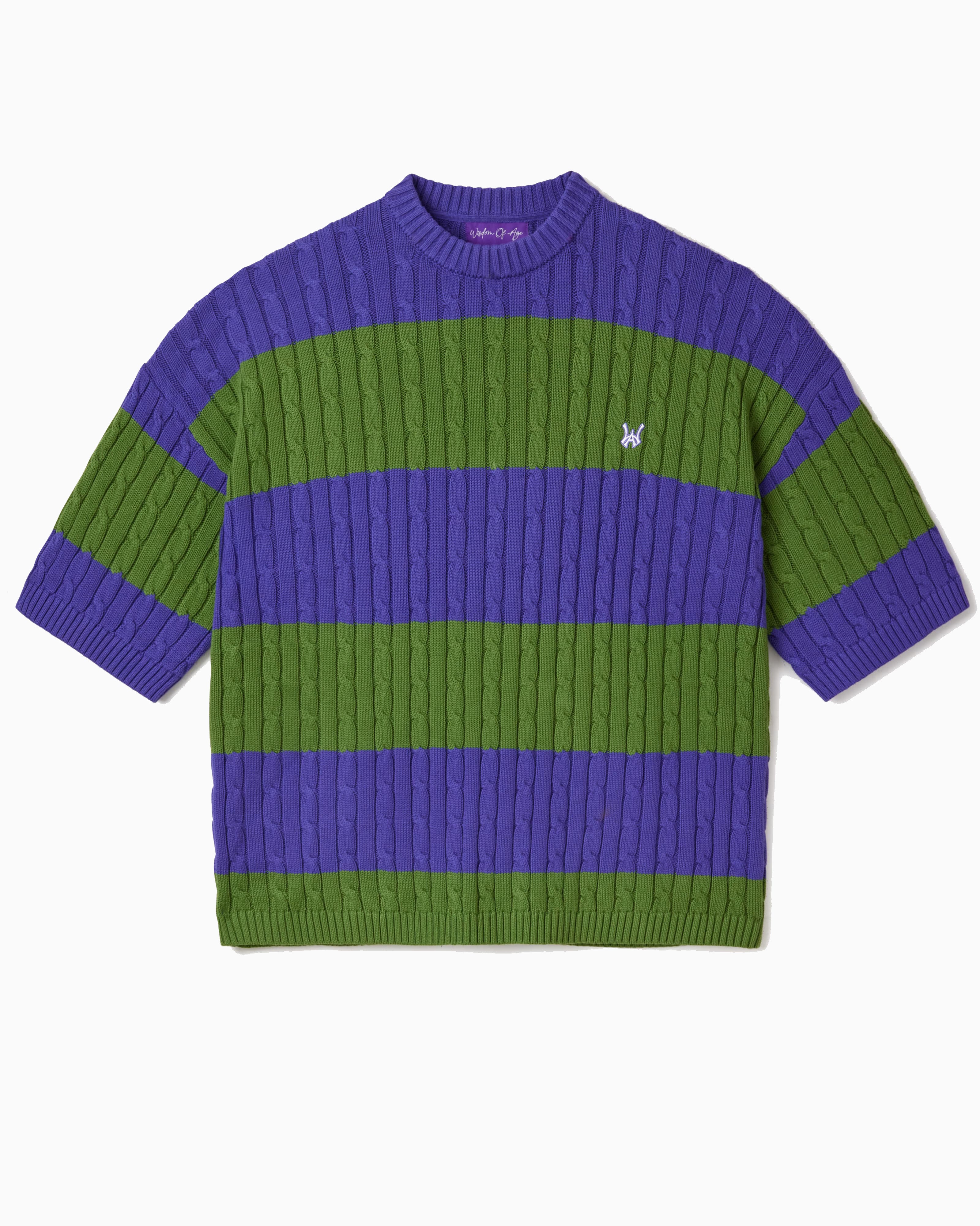 Green and purple striped cable knit t-shirt on a white background