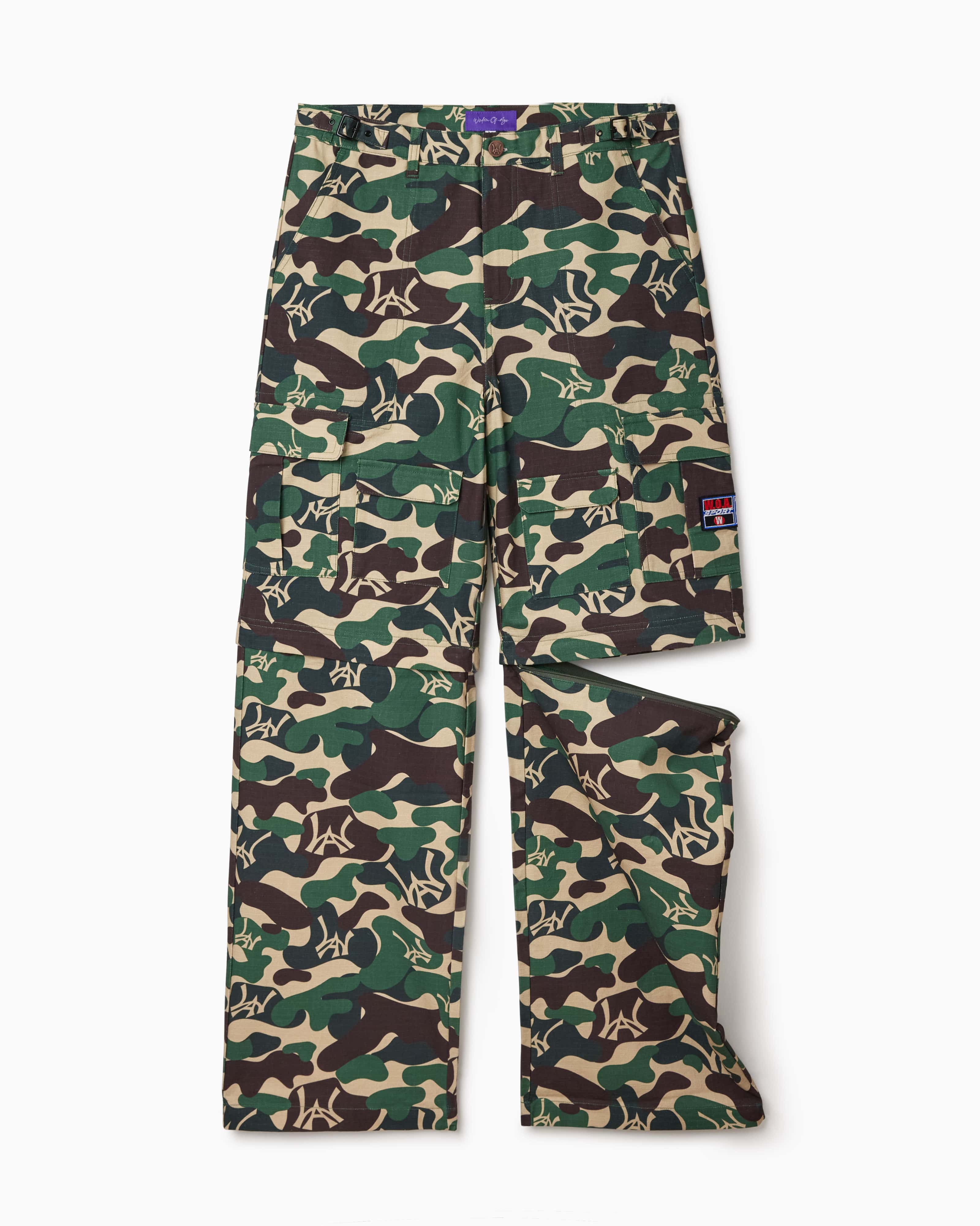 Camouflage pants with WA logo on a white background