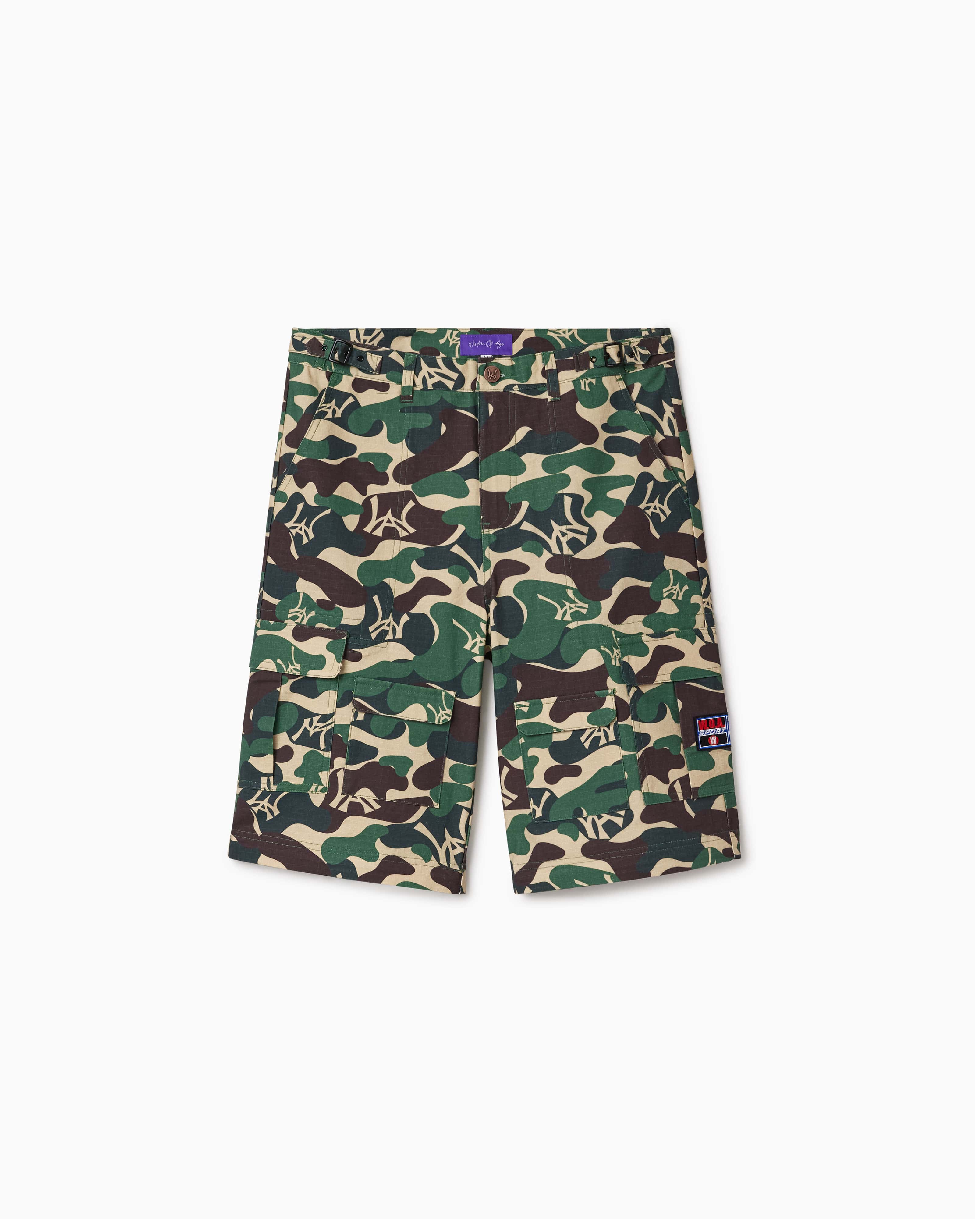 Camouflage shorts with WA logos on a white background
