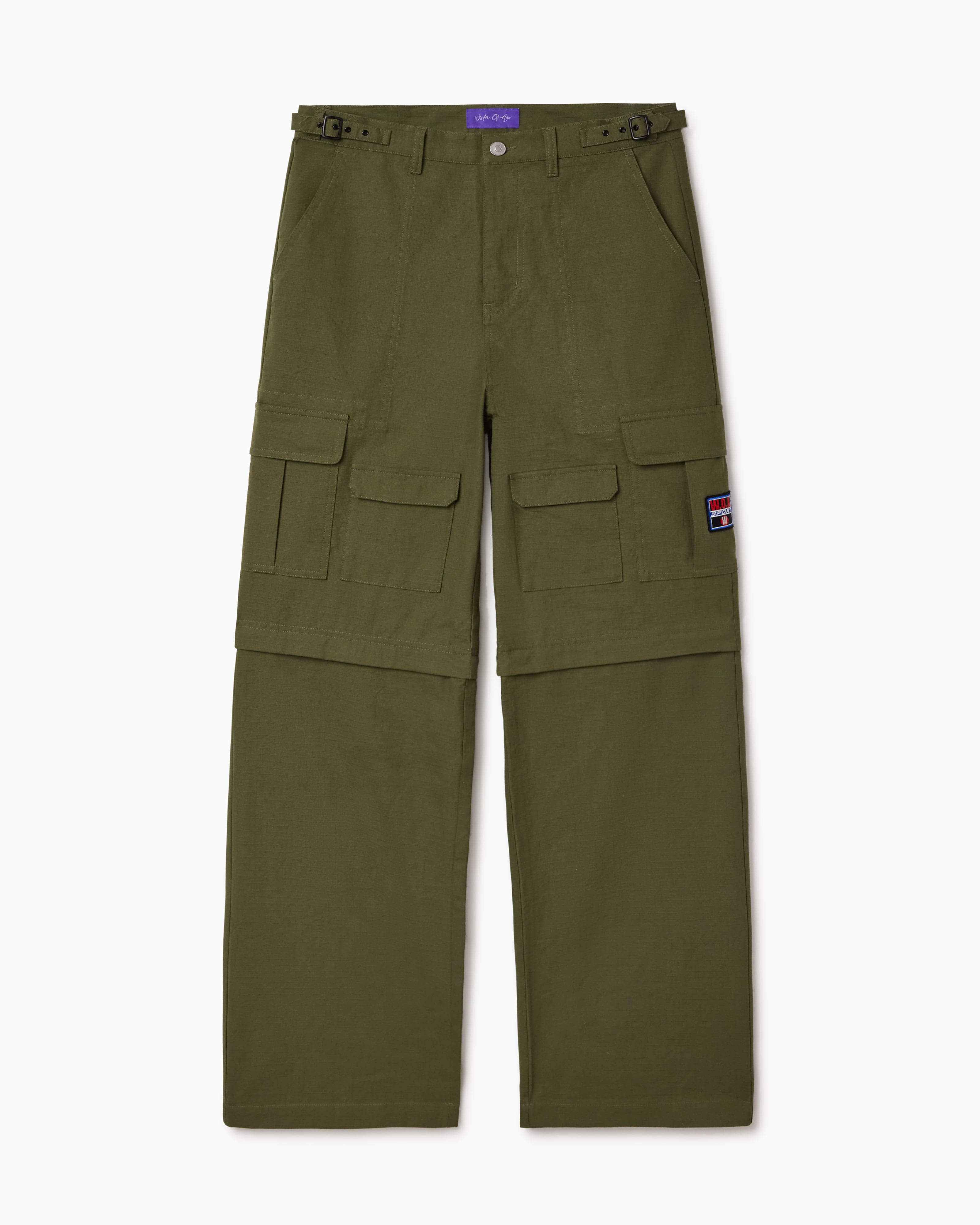 Olive Green cargo pants with multiple pockets on a white background