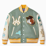 Front view of the wisdom of age mint varisty jacket