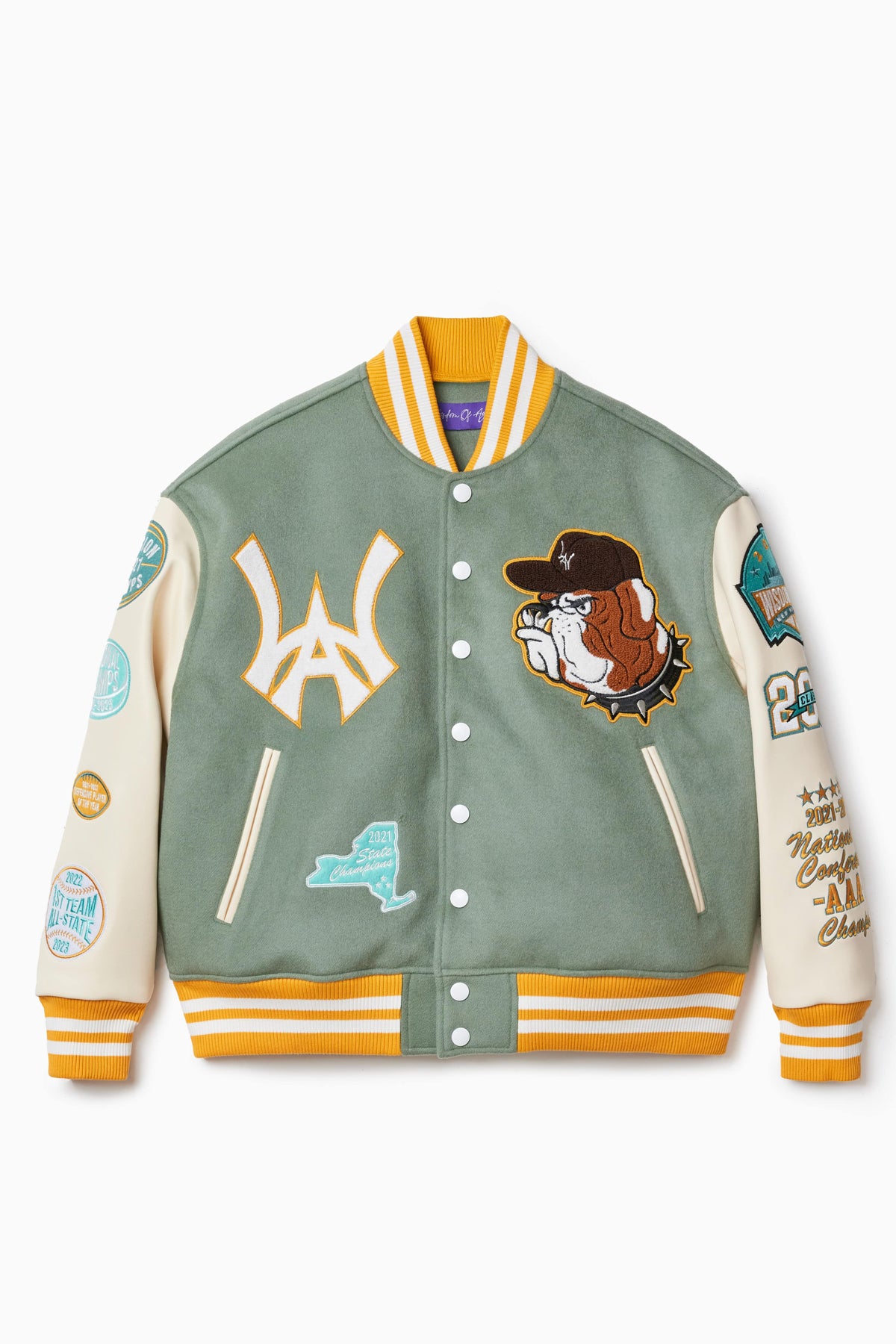 Front view of the wisdom of age mint varisty jacket