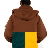 Rear view of a Male Model wearing a brown and forest green jacket with yellow accents on a white background.