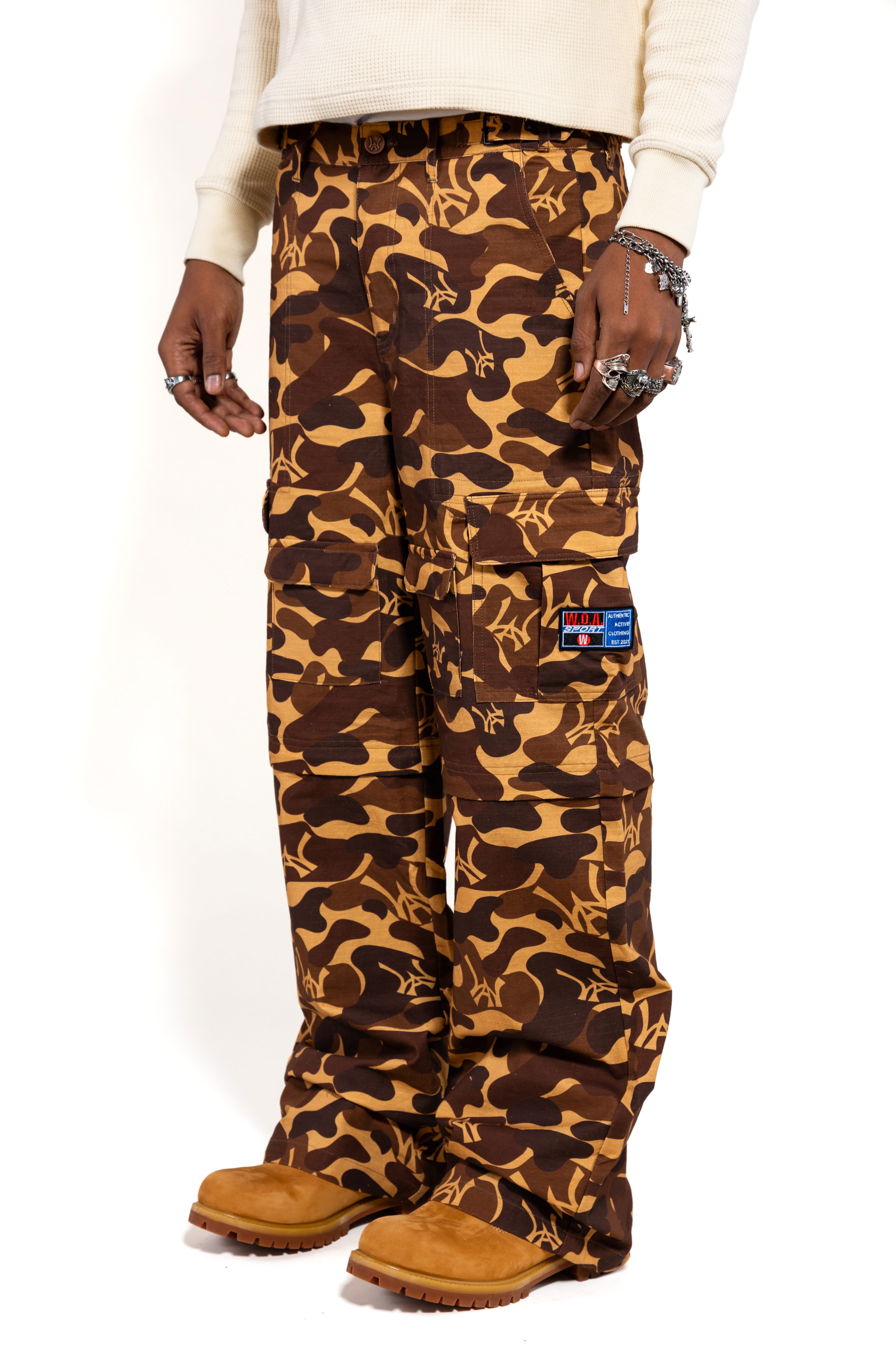WOA Camouflage pants with a WA brand logo on a white background