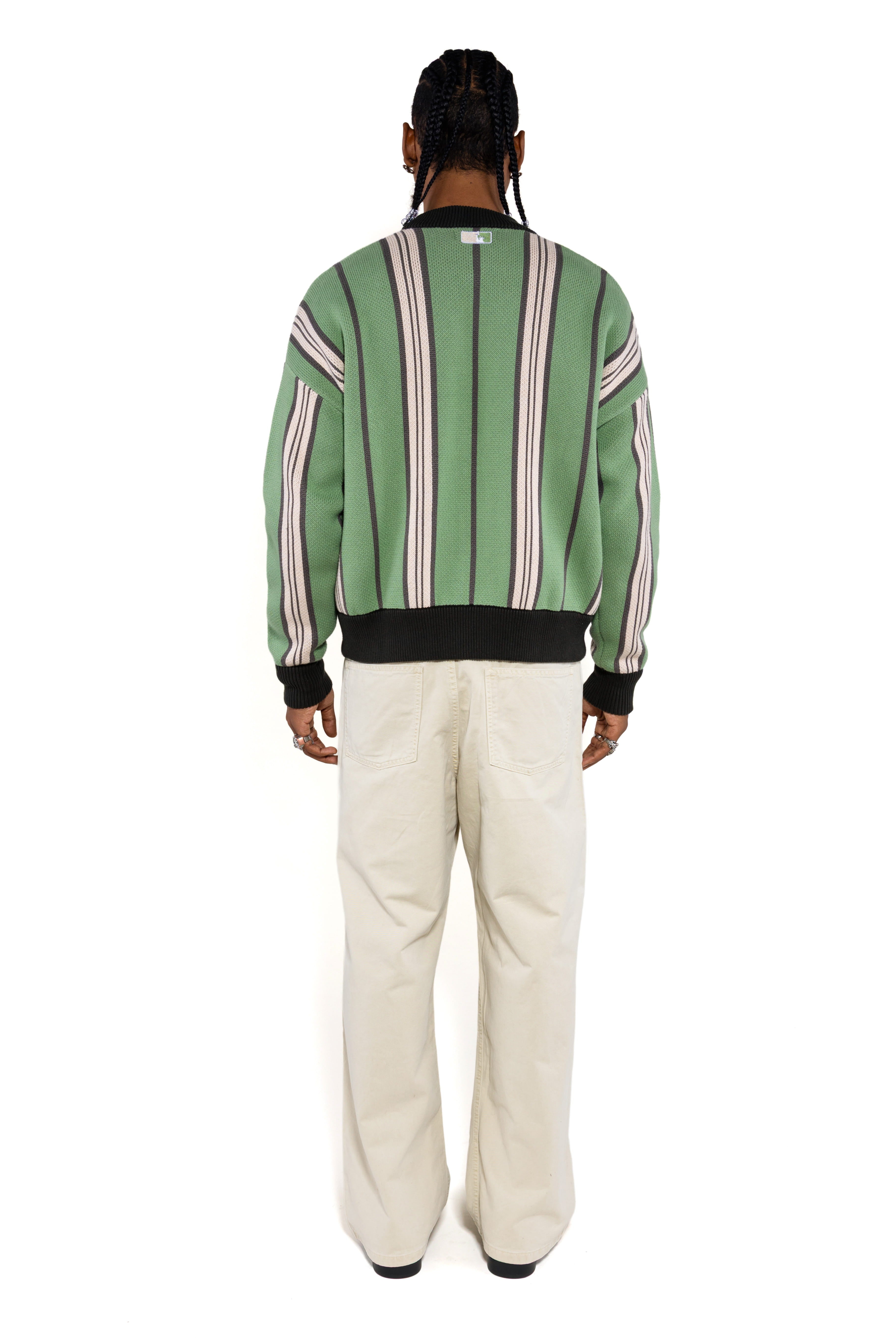 Rear full body view of a Male model wearing the WOA City cardigan mint on a white background.