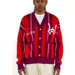 Male model wearing the Wisdom Of Age City Cardigan in Red Velvet on a white background.