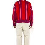 Full body rear view of a Male Model Wearing the Wisdom Of Age City Cardigan in Red Velvet on a white background.