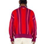 Rear View of a Male Model Wearing the Wisdom Of Age City Cardigan in Red Velvet on a white background.