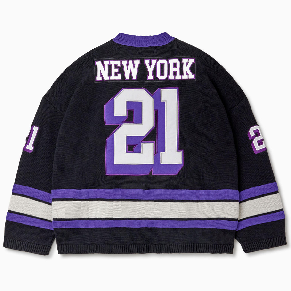Rear view of the Wisdom Of Age Knit Hockey jersey Midnight. New York on the name plate with the number 21 underneath