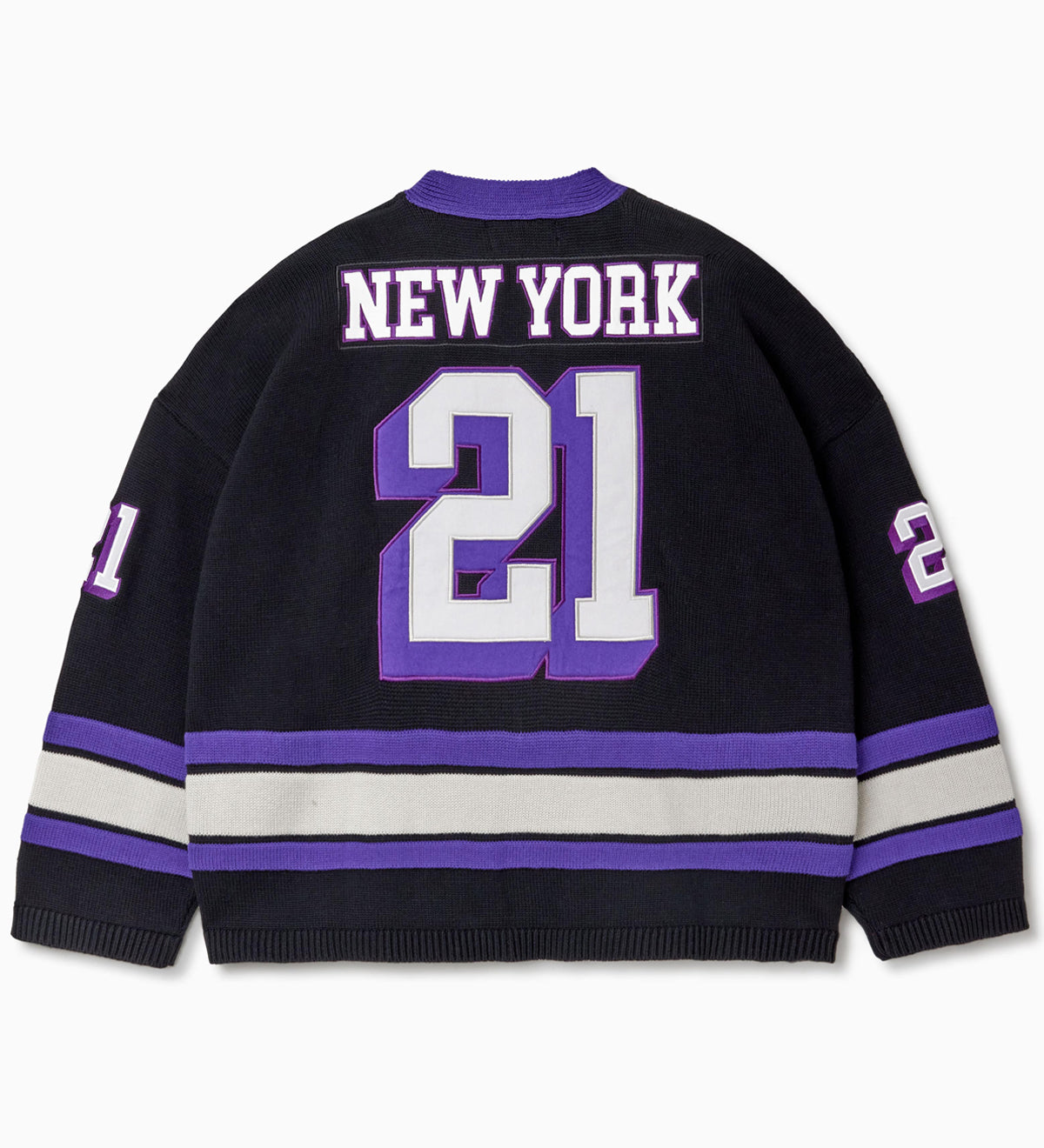 Rear view of the Wisdom Of Age Knit Hockey jersey Midnight. New York on the name plate with the number 21 underneath