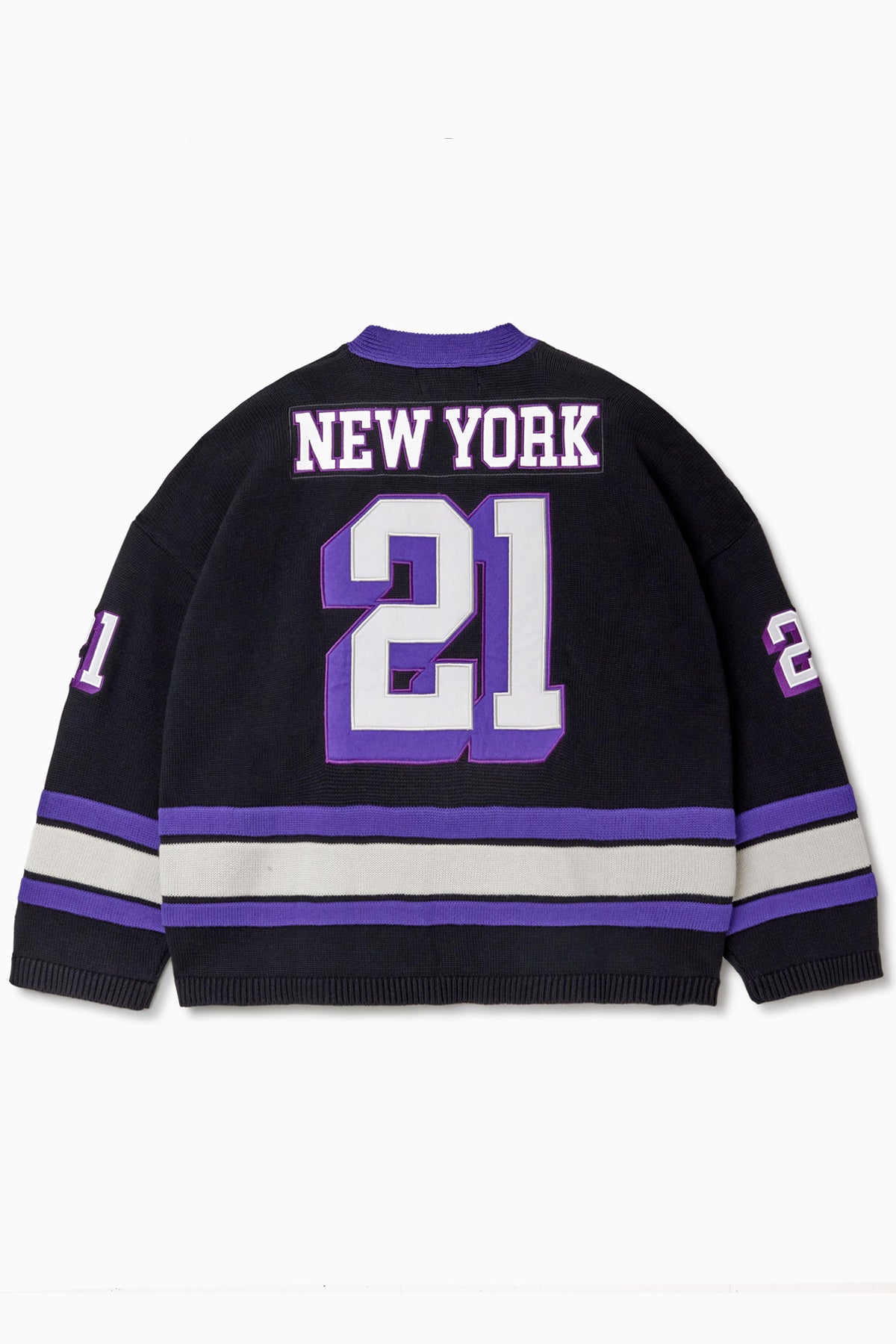 Rear view of the Wisdom Of Age Knit Hockey jersey Midnight. New York on the name plate with the number 21 underneath