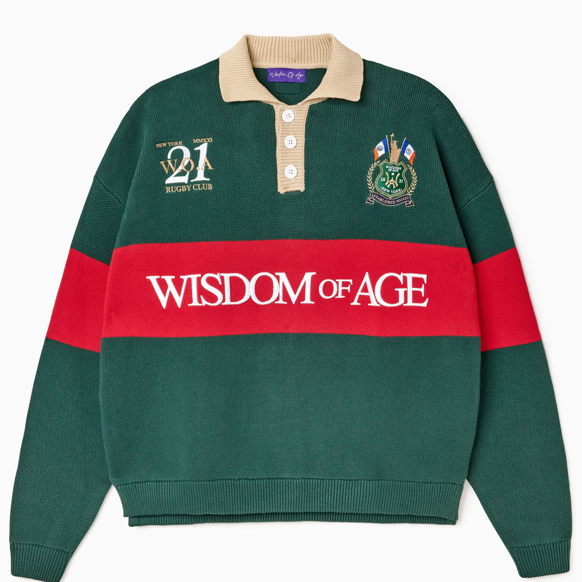 Green and red rugby sweater with 'Wisdom of Age' embroidered on the front  on a white background