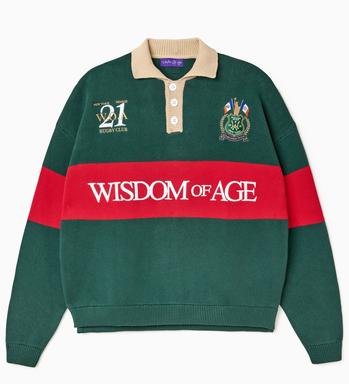 Green and red rugby sweater with 'Wisdom of Age' embroidered on the front  on a white background