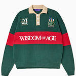 Green and red rugby sweater with 'Wisdom of Age' embroidered on the front  on a white background
