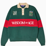 Green and red rugby sweater with 'Wisdom of Age' embroidered on the front  on a white background