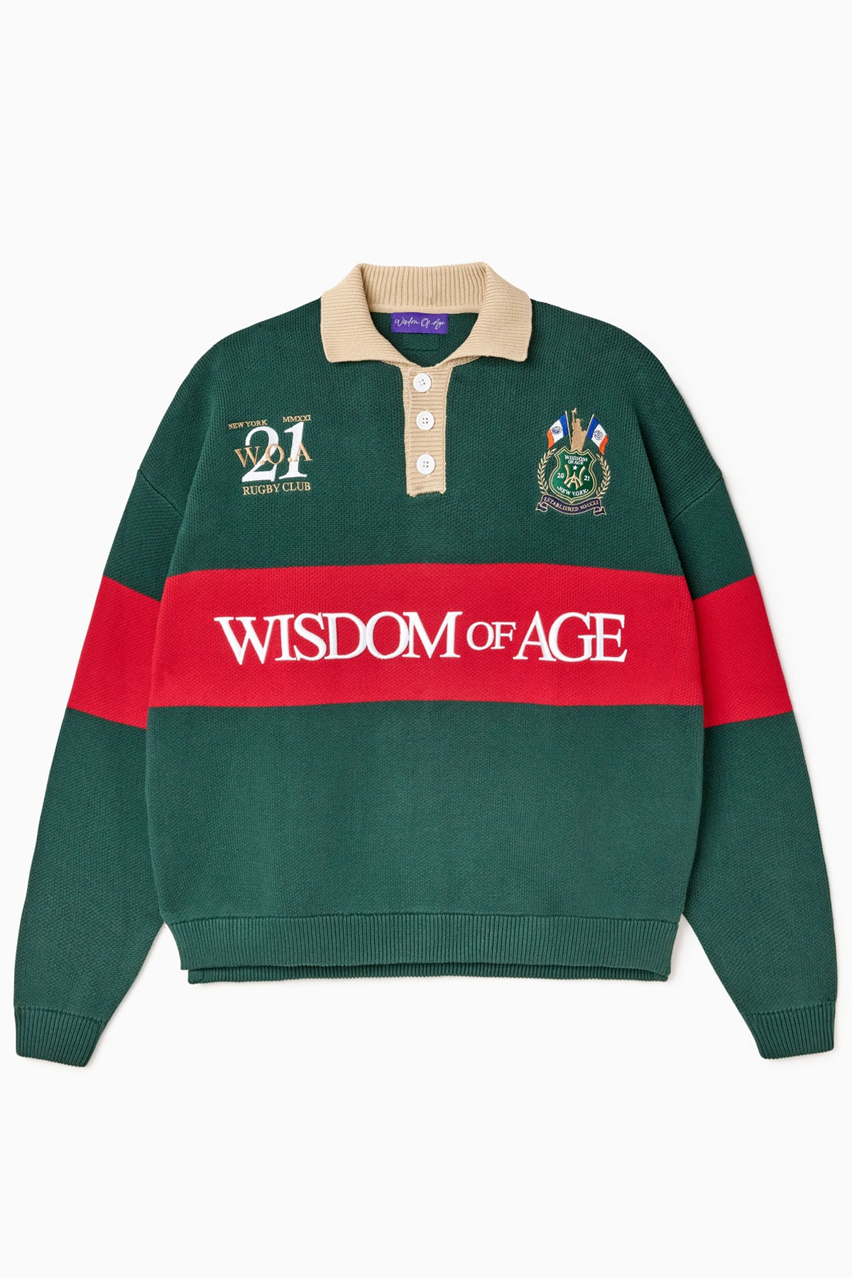 Green and red rugby sweater with 'Wisdom of Age' embroidered on the front  on a white background