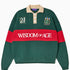 Green and red rugby sweater with 'Wisdom of Age' embroidered on the front  on a white background