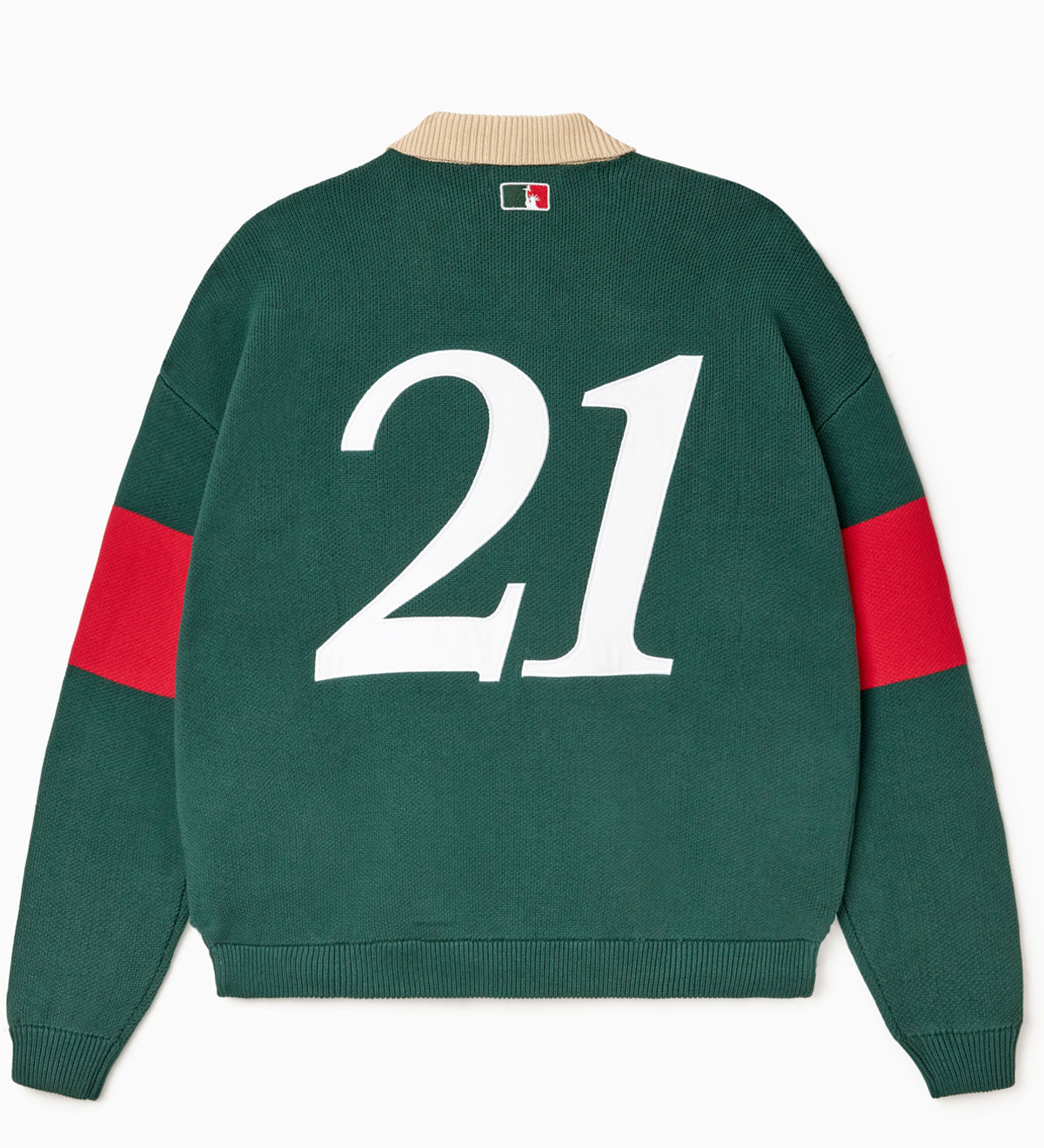 Green rugby sweater with number 21 on the back against a white background