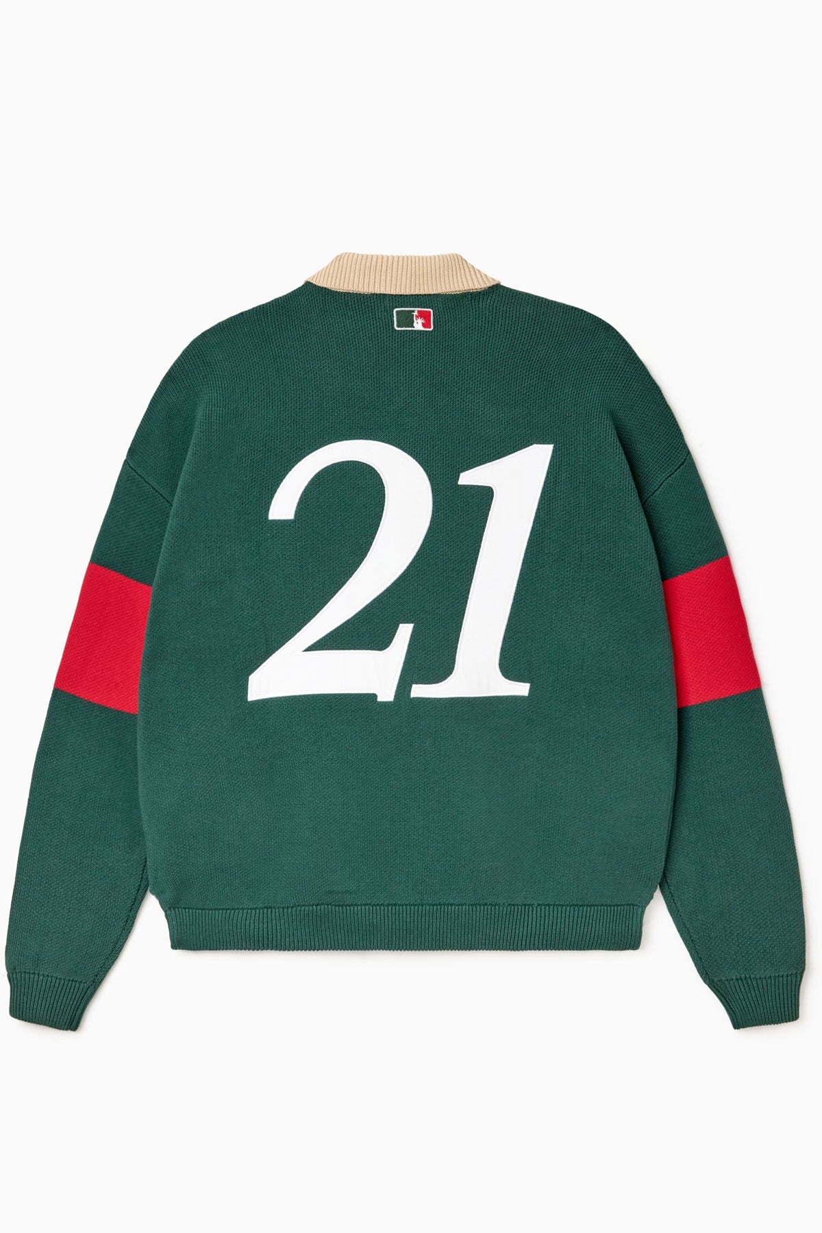Green rugby sweater with number 21 on the back against a white background