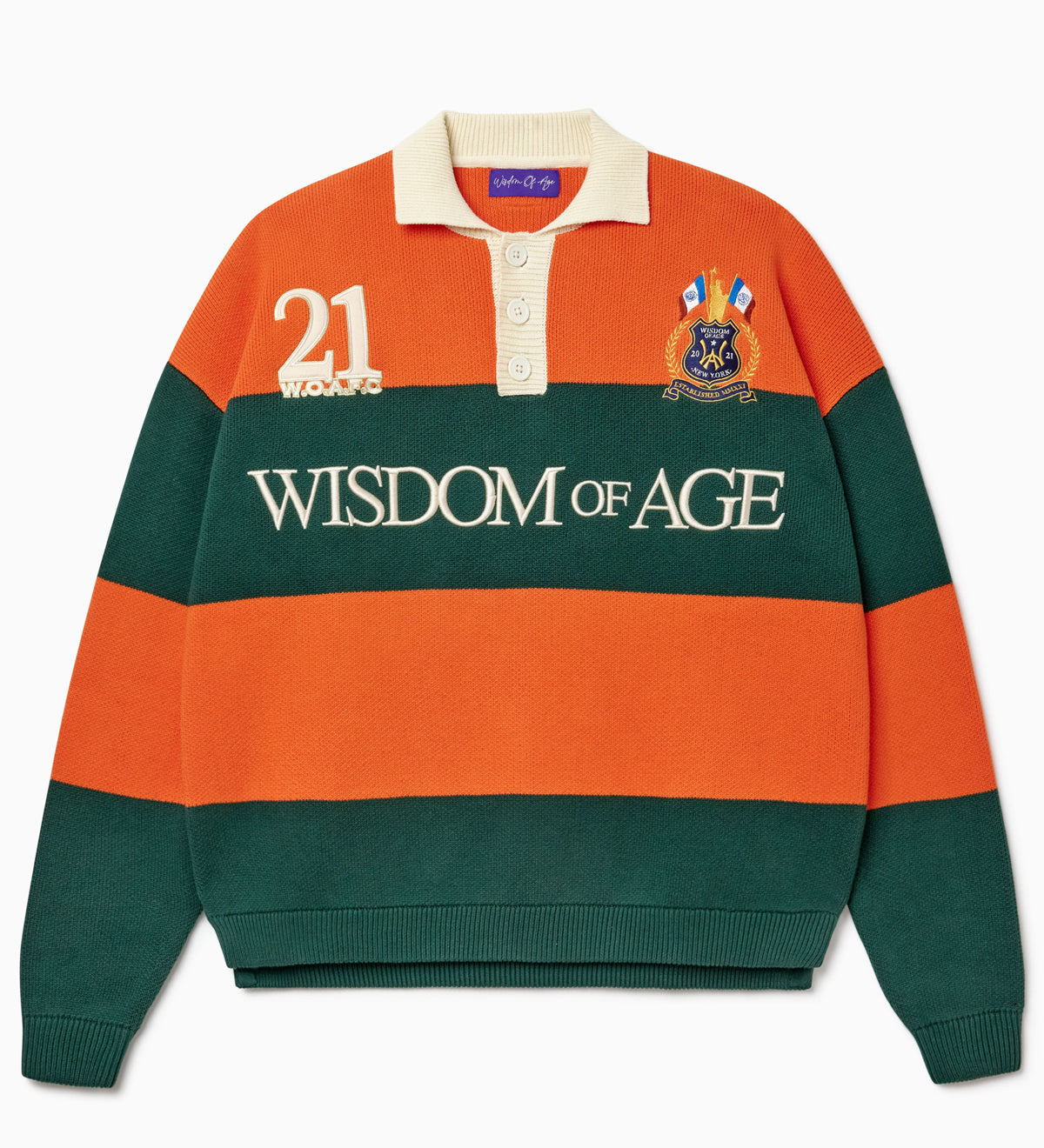 Green and orange rugby sweater with 'Wisdom of Age' text on a white background