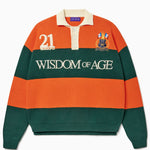 Green and orange rugby sweater with 'Wisdom of Age' text on a white background