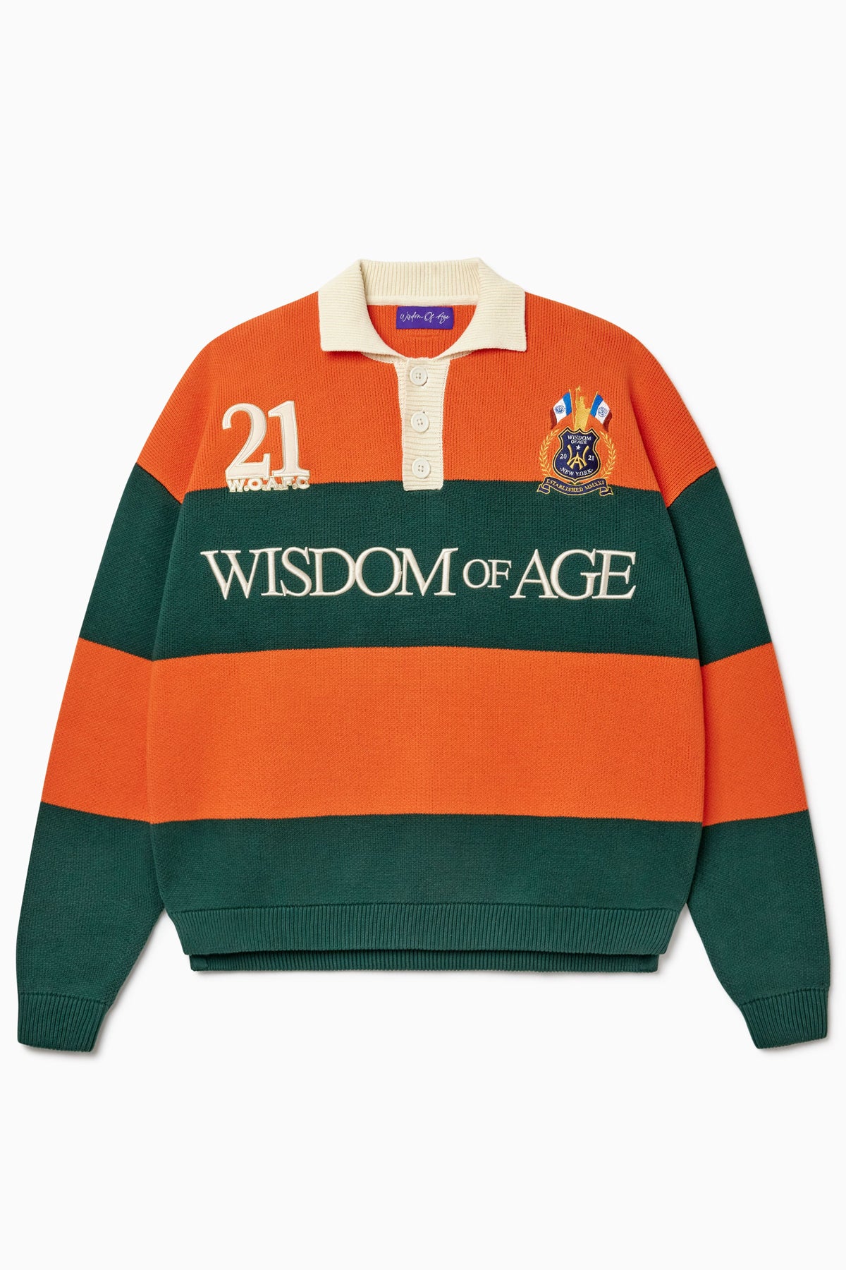 Green and orange rugby sweater with 'Wisdom of Age' text on a white background