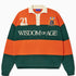 Green and orange rugby sweater with 'Wisdom of Age' text on a white background
