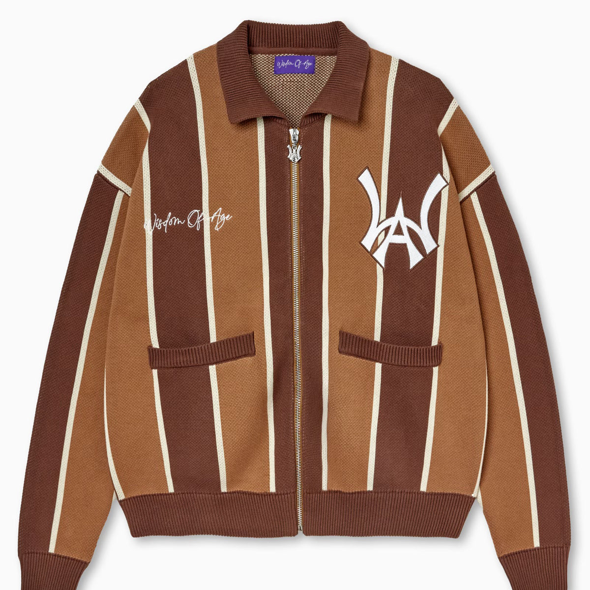 Knitted Brown and beige striped cardigan with WA logo on the left chest and 'Wisdom Of Age' written in script on the right chest on a white background.