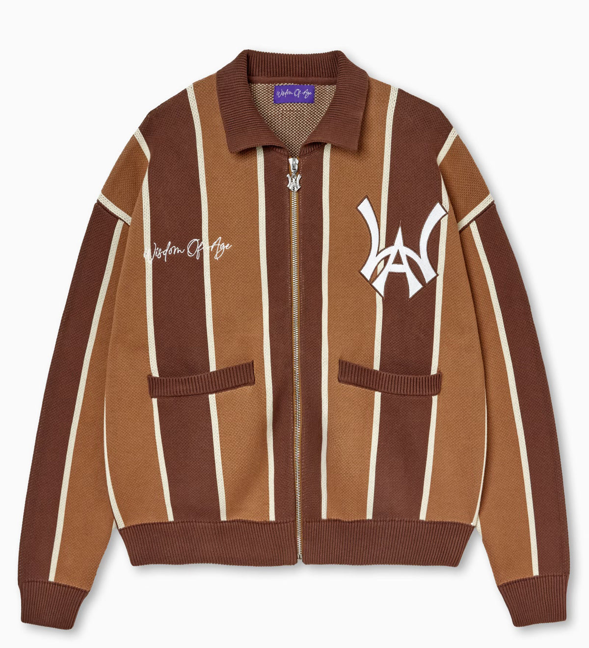Knitted Brown and beige striped cardigan with WA logo on the left chest and 'Wisdom Of Age' written in script on the right chest on a white background.