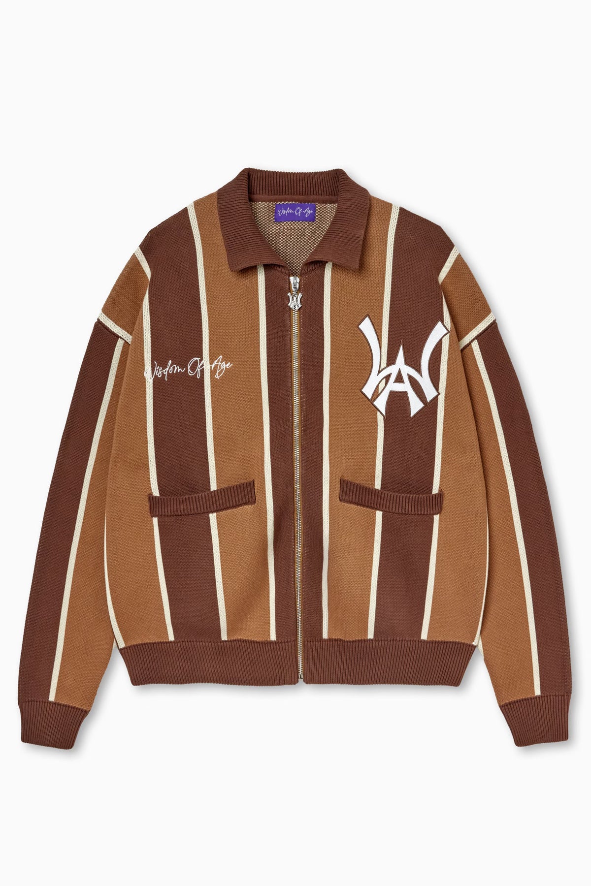 Knitted Brown and beige striped cardigan with WA logo on the left chest and 'Wisdom Of Age' written in script on the right chest on a white background.