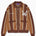 Knitted Brown and beige striped cardigan with WA logo on the left chest and 'Wisdom Of Age' written in script on the right chest on a white background.