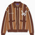 Knitted Brown and beige striped cardigan with WA logo on the left chest and 'Wisdom Of Age' written in script on the right chest on a white background.