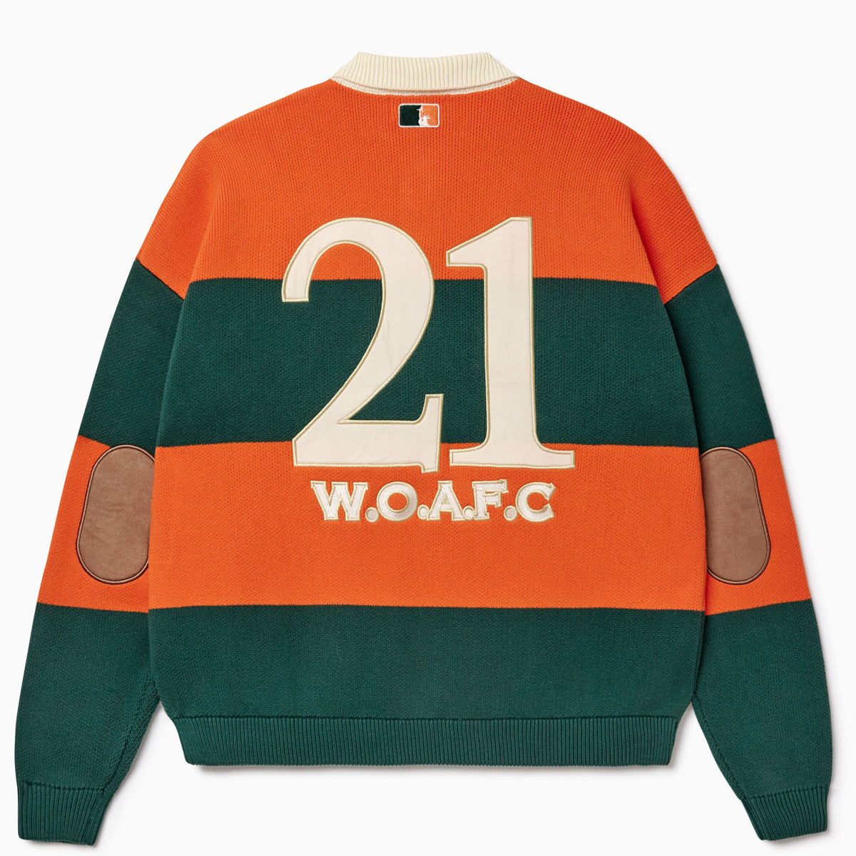 Sweater with '21 W.O.A.F.C.' embroidered on a white background.
