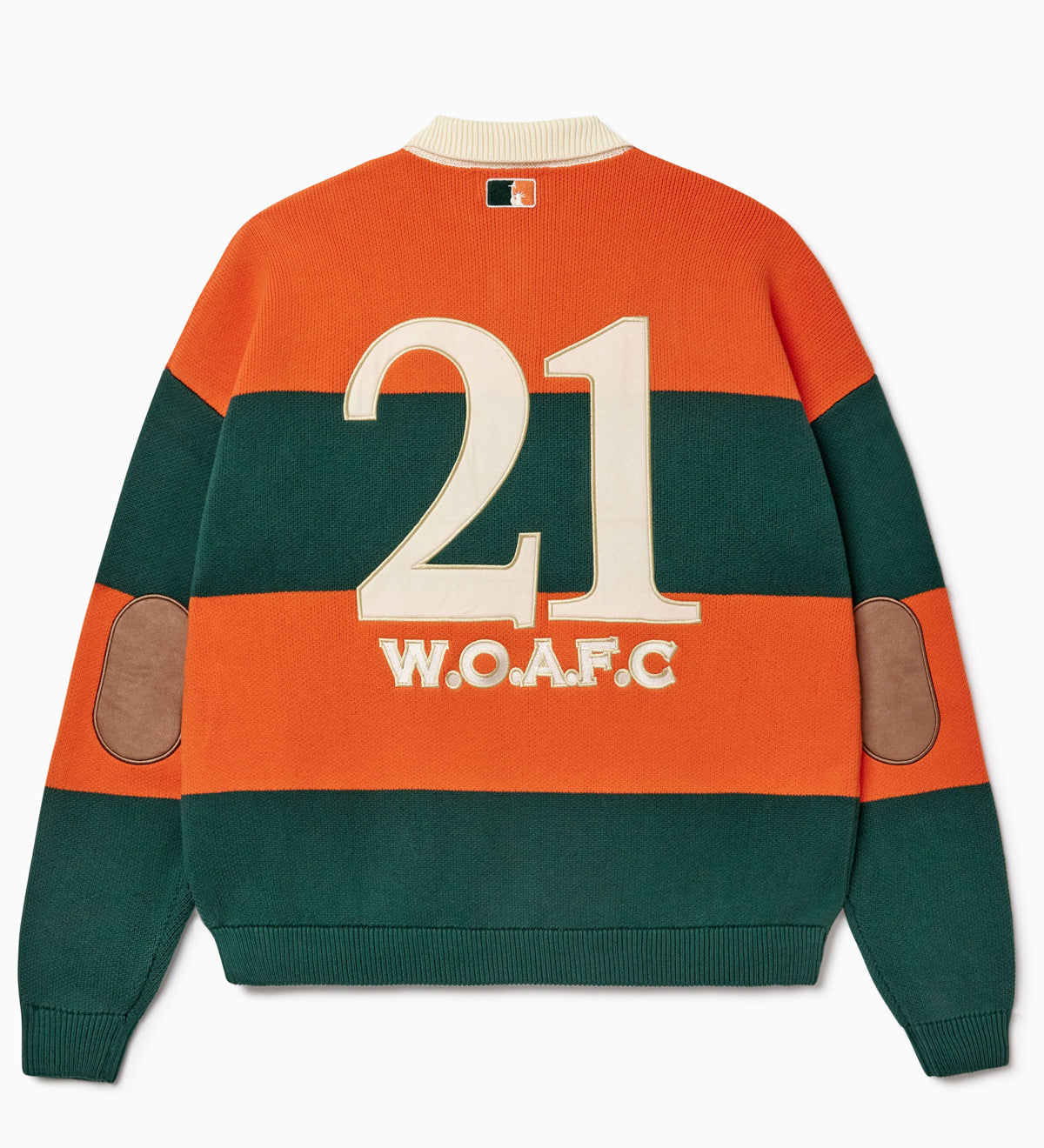 Sweater with '21 W.O.A.F.C.' embroidered on a white background.
