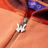 Close Up on the Front view of the WOA knit hoodie. WA logo on the zipper with a chrome finish. Purple tag with Wisdom Of Age written in Signature font.