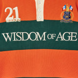 Orange and green striped rugby Sweater with 'Wisdom of Age' embroidered .