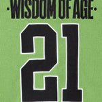 Close Up Of The Wisdom Of Age Knit Hockey Jersey Neon Rear View. Wisdom Of Age on the nameplate. The number 21 under.