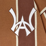 Close up of the WOA Knitted Brown and beige striped cardigan with WA logo on the left chest on a white background.