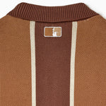 Knitted Brown cardigan with the WOA liberty logo on a white background.
