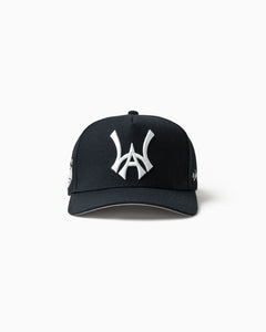 Wisdom of Age black snapback hat featuring embroidered logo and structured A-frame silhouette on white background.