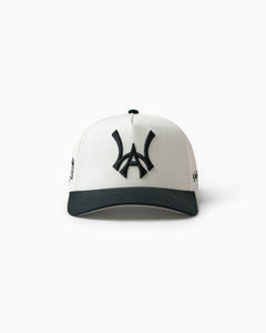 Wisdom of Age white snapback hat featuring embroidered logo and structured A-frame silhouette on white background.