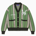 Wisdom Of Age City Cardigan in Sage Green with striped pattern and brand logo on a white background