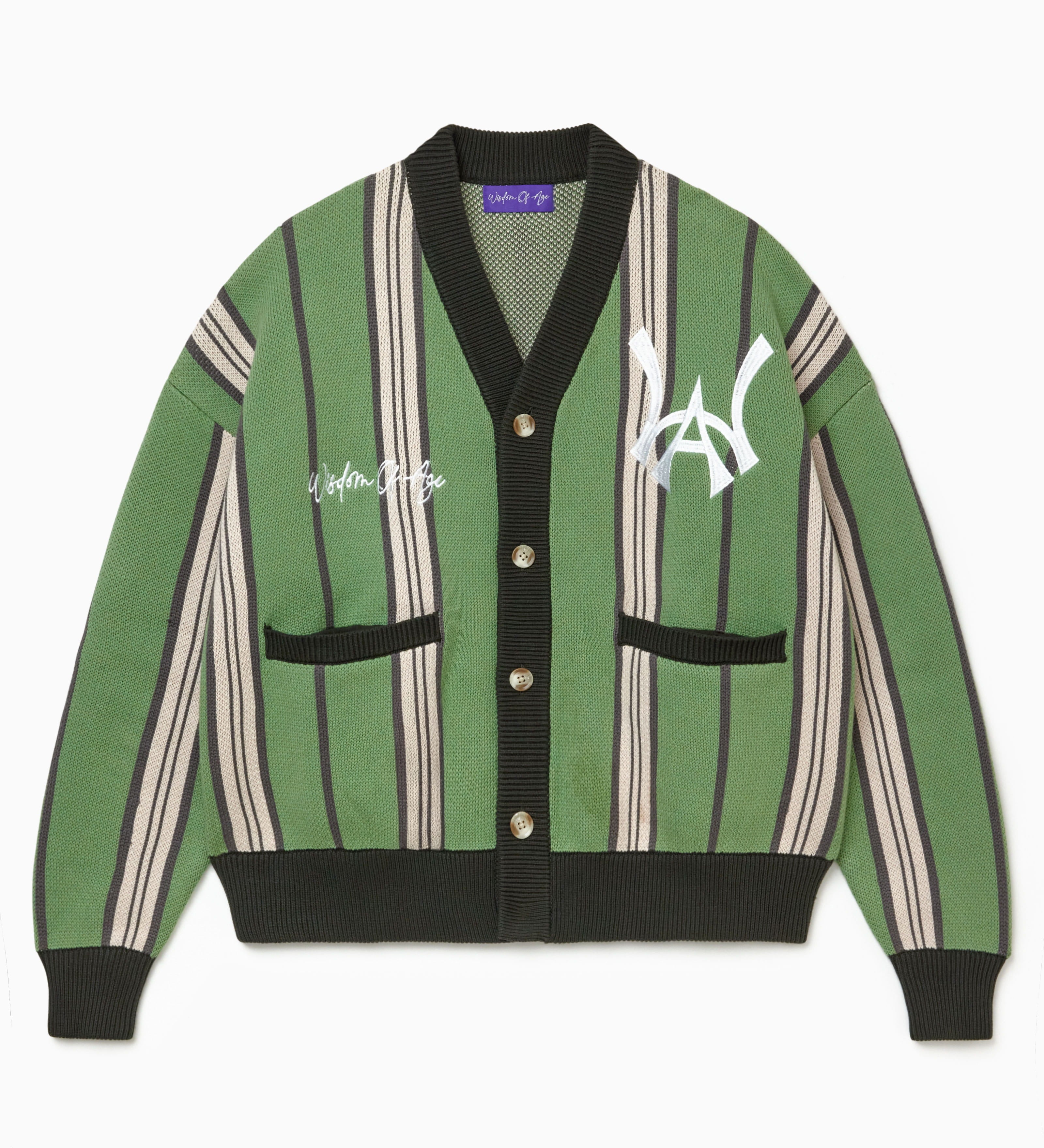 Wisdom Of Age City Cardigan in Sage Green with striped pattern and brand logo on a white background