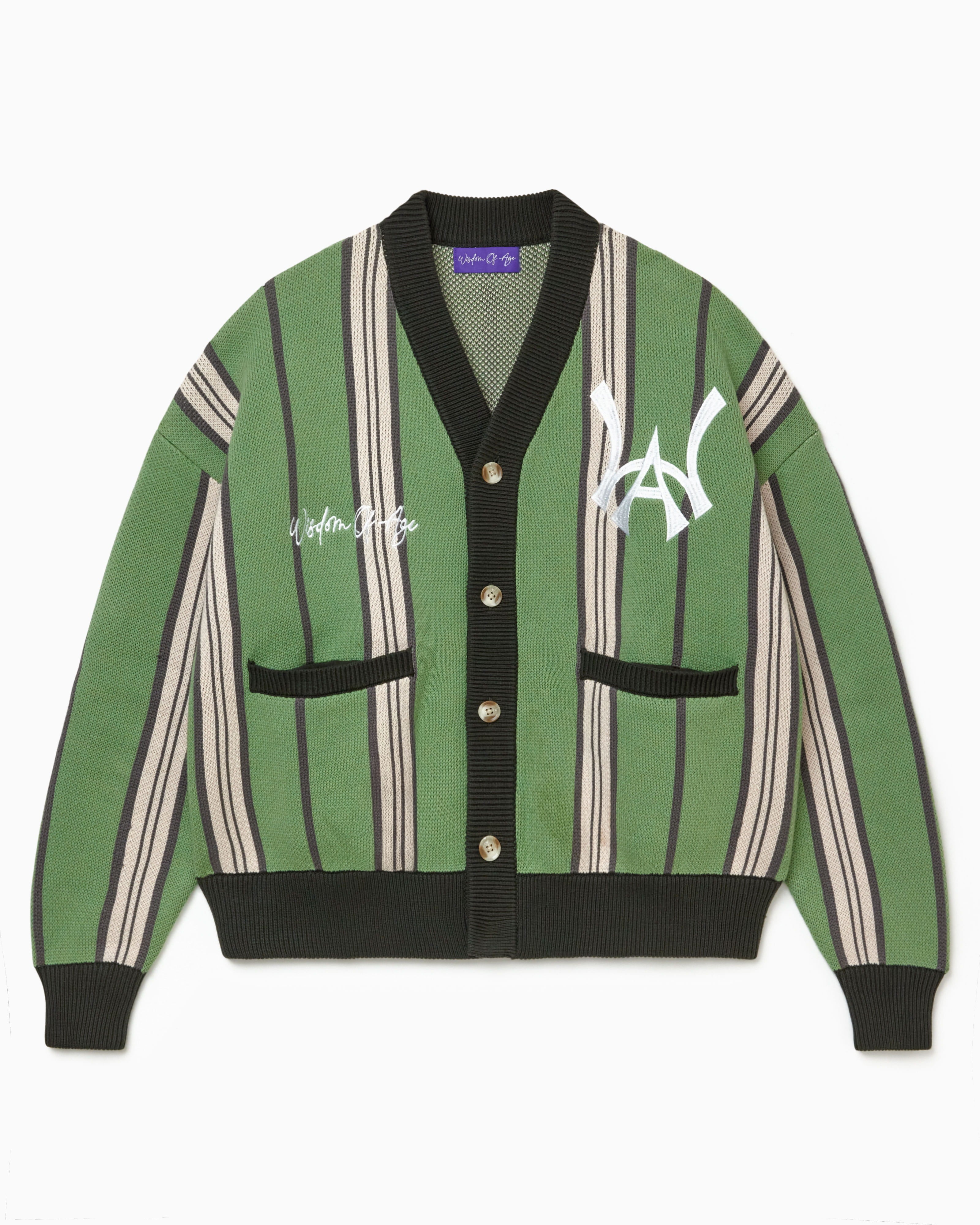 Wisdom Of Age City Cardigan in Sage Green with striped pattern and brand logo on a white background